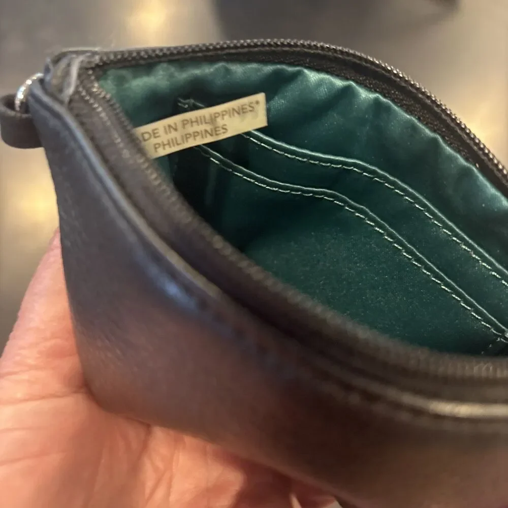 Coach Black Leather Teal Lined Wristlet w/ Zipper Credit Card Slot & Strap